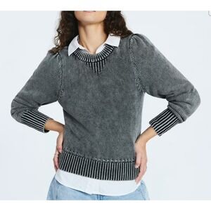 Scoop Women's Black Soot Acid Wash Long-sleeve Puff Shoulder Sweater XL